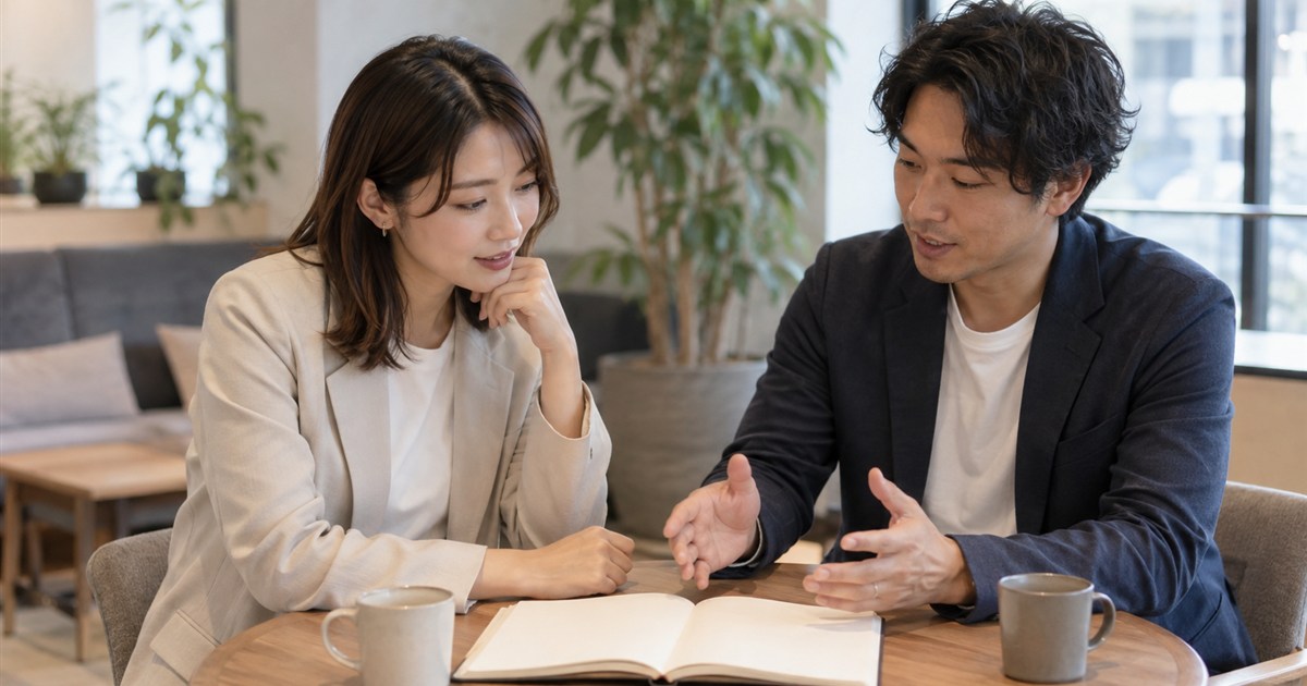 打ち合わせスペースでノートを広げて進め方を相談する担当者とパートナー