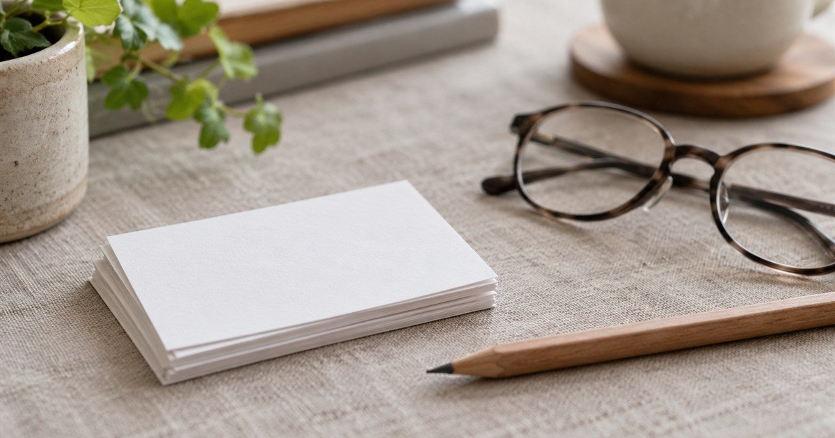 白紙のカードと鉛筆、眼鏡を置いたテーブル