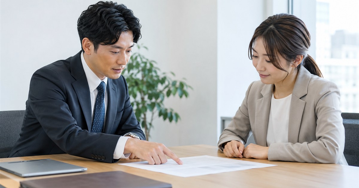 会議室で書類を指さしながら契約条件を確認する二人の担当者