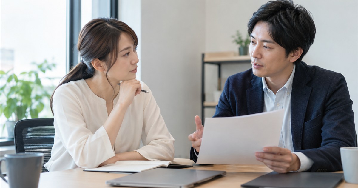 会議室で外注の条件について話し合う二人の担当者
