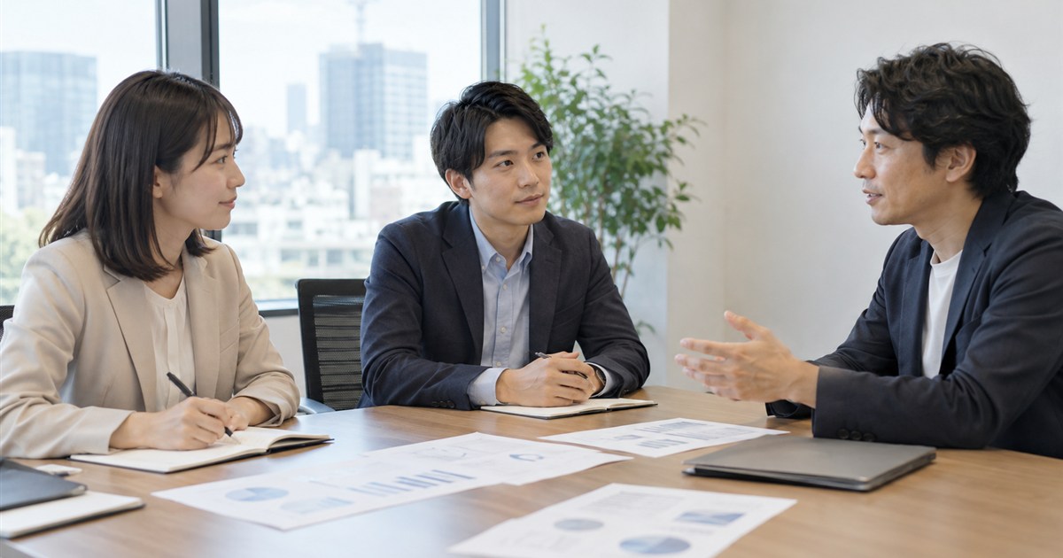 会議室で社内の担当者と外部のパートナーが資料を見ながら話し合う定例ミーティング