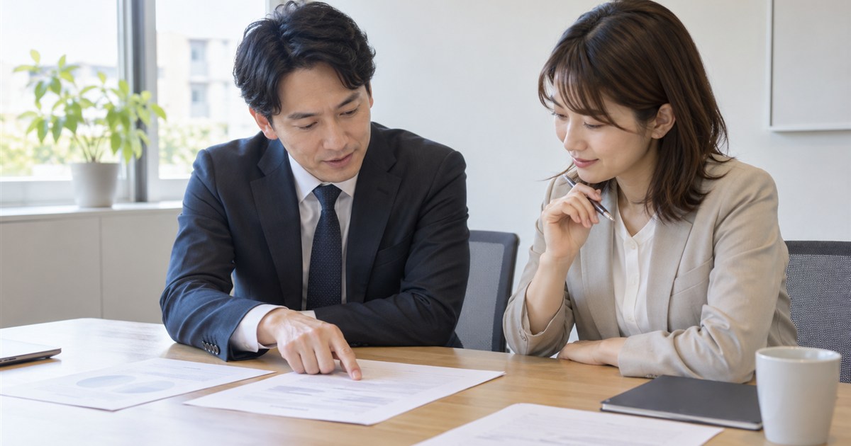 会議室で印刷した見出し案を一緒に確認する二人の担当者