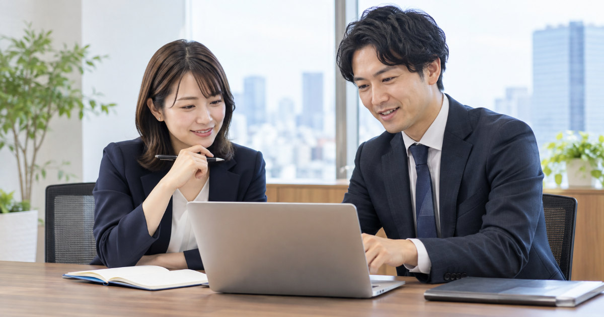 資料を確認しながら知識を共有する担当者と専門家