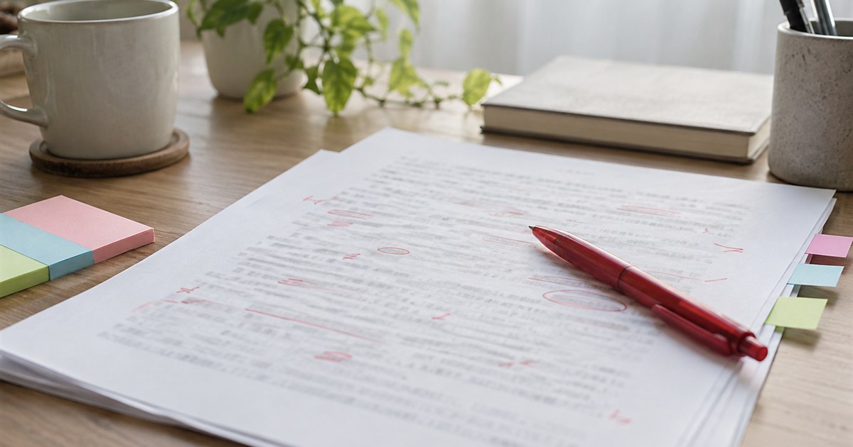赤ペンで修正の書き込みが入った印刷原稿と付箋