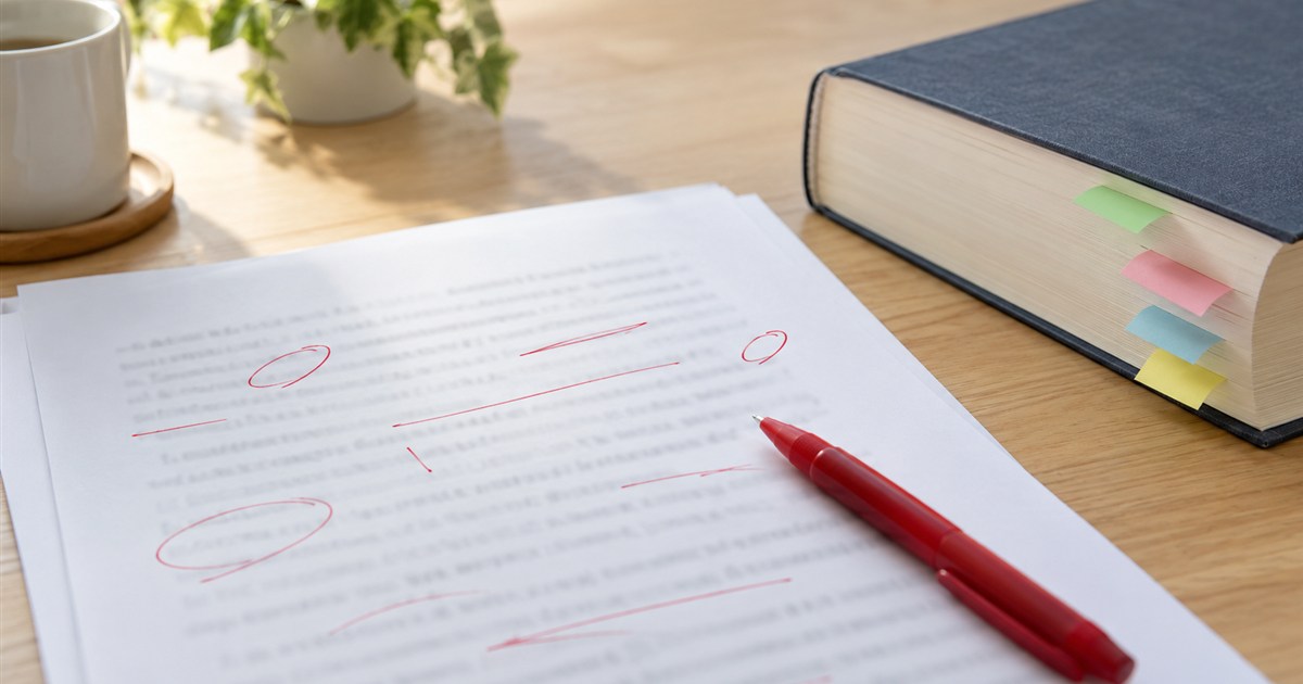 赤ペンで書き込みが入った印刷原稿と、付箋を貼った専門書が並ぶ机