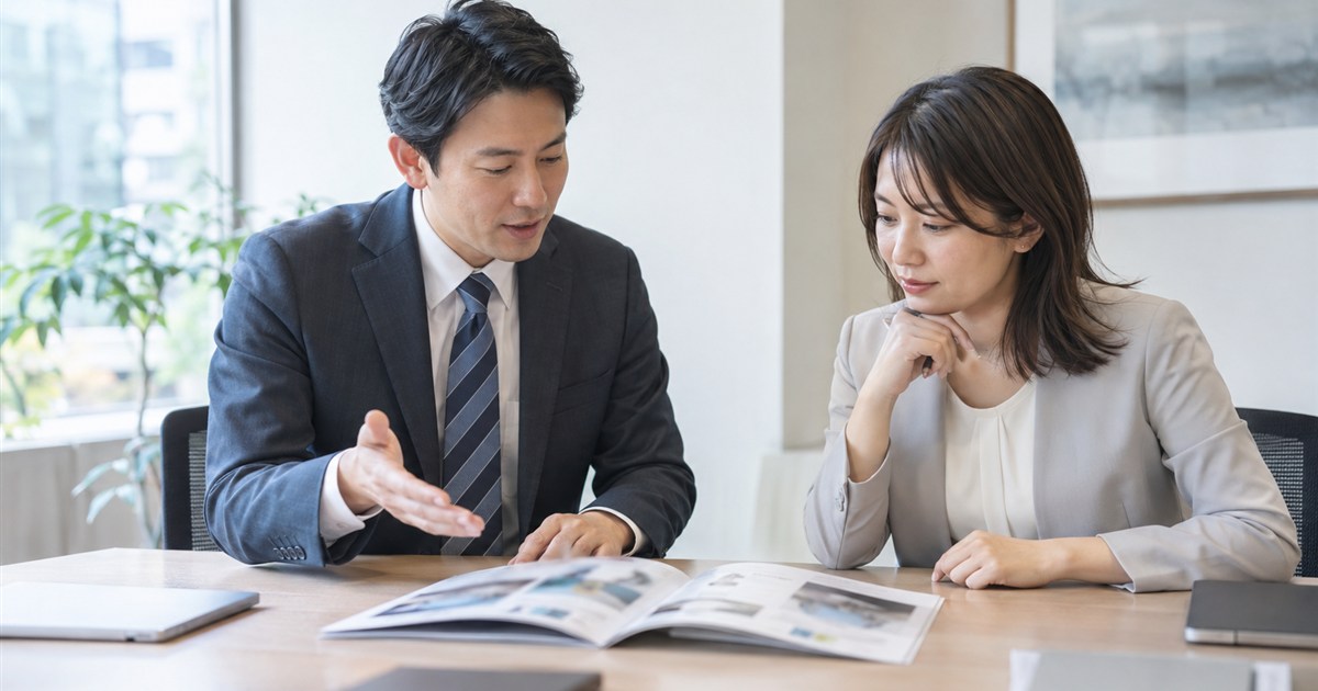 会議室で製品資料を前に話し合う2人のビジネスパーソン