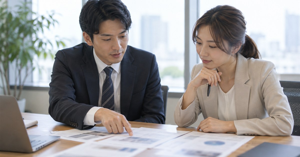 会議室のテーブルで印刷した資料を見比べて話す二人の担当者