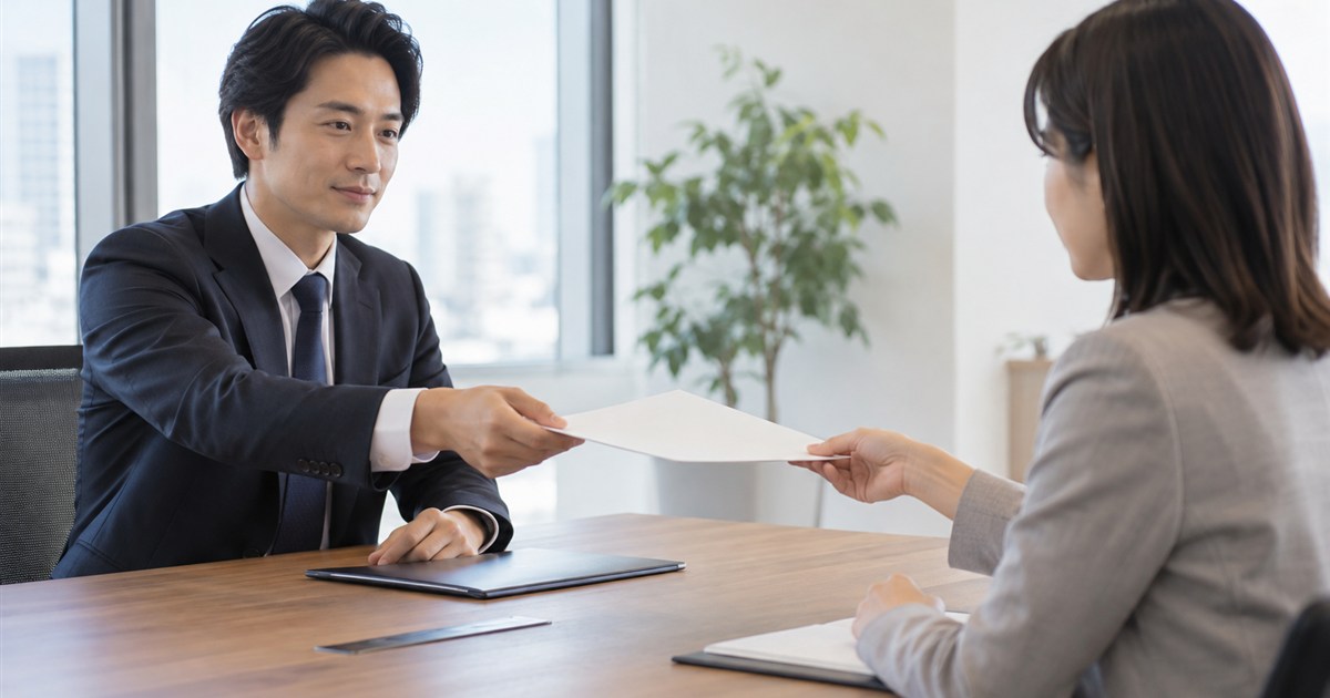 明るい会議室で契約書類を相手に手渡す担当者