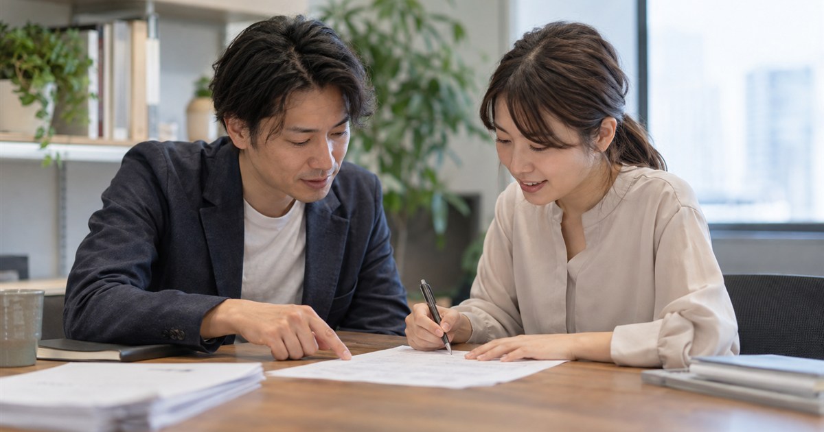 印刷した原稿にコメントを書き込みながら話し合う発注担当者とライター