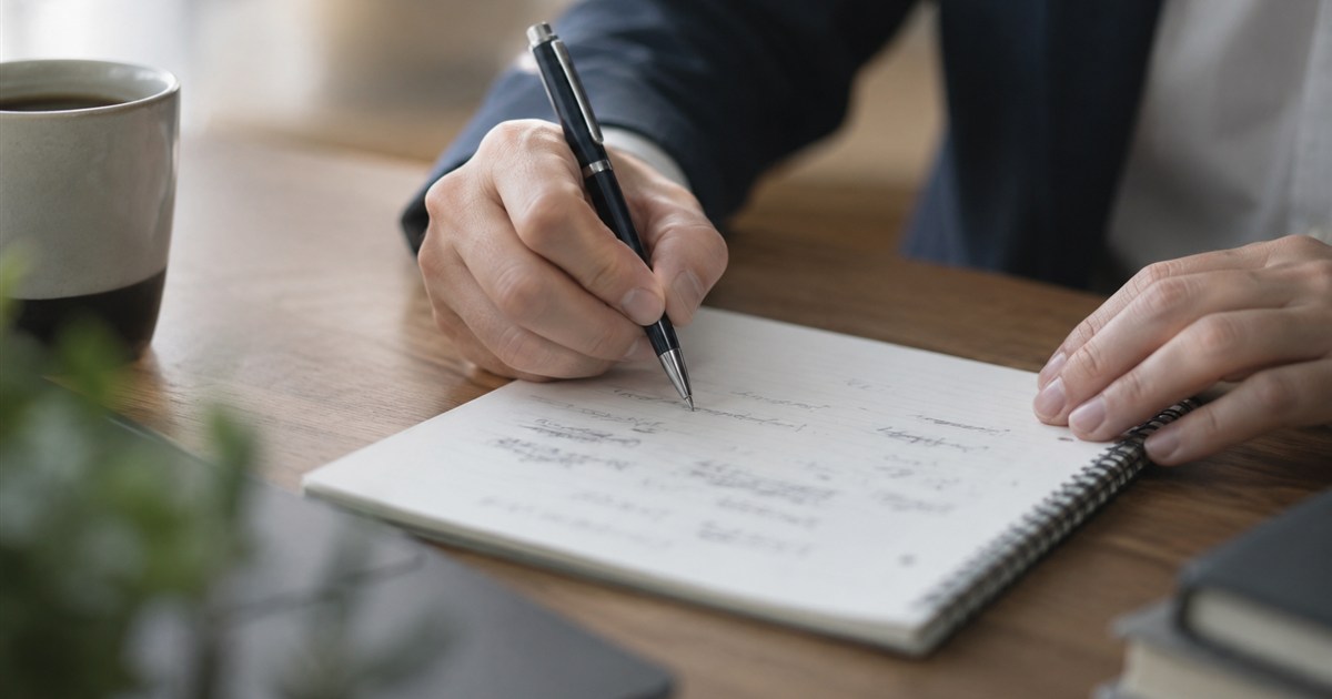 白い紙にタイトル案を手書きで書き出している担当者の手元