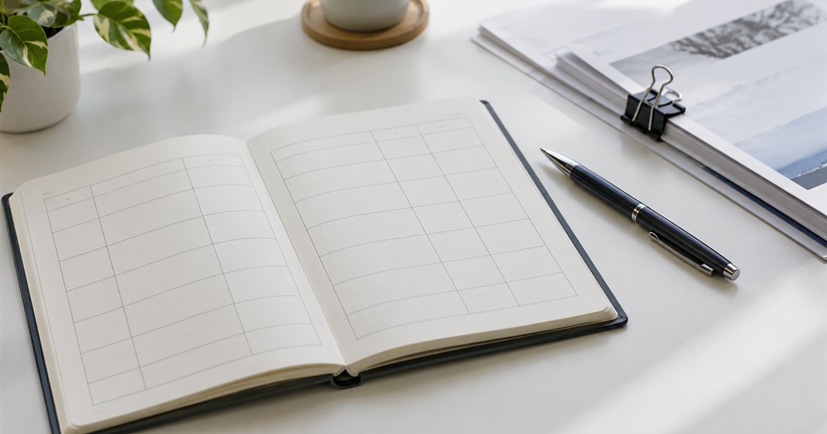 ノートに手書きした表とボールペン、クリップで留めた資料