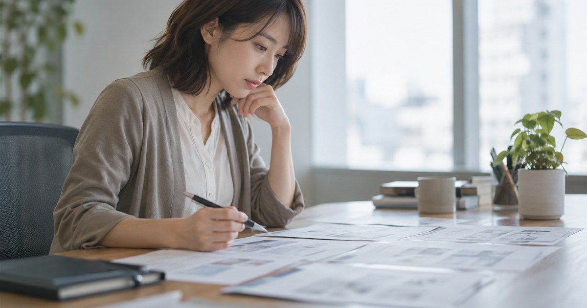 印刷した検索結果のページを机に並べて見比べる担当者