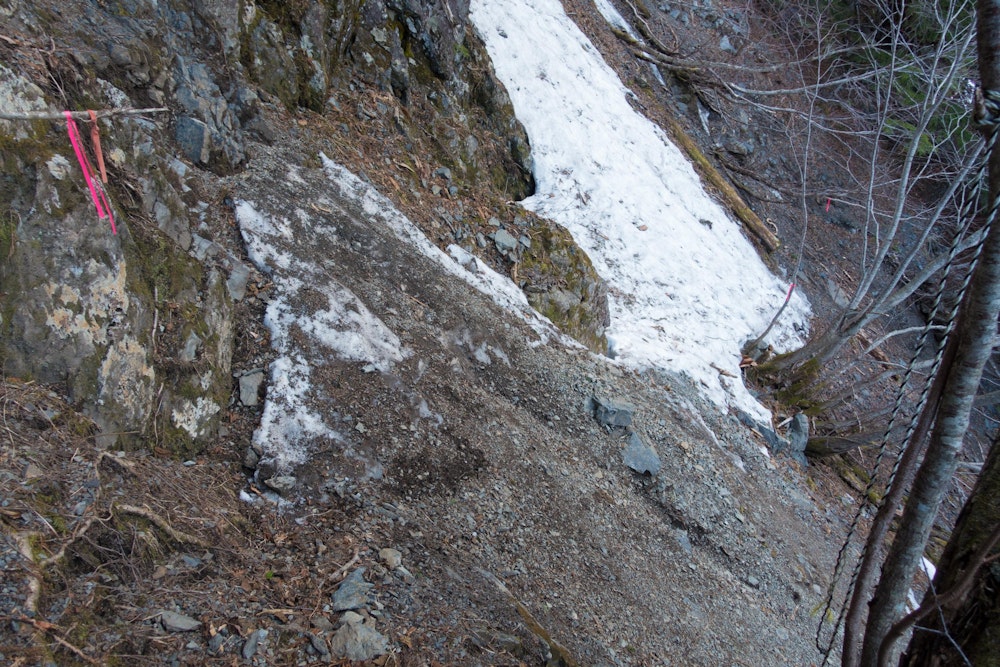 <p>ここで完全に行き詰まってしまった。<br>赤テープは見えるが、ここの崩落は今までに通過してきたところとは比べものにならない。<br>斜面に足を置いた瞬間、表面の砂利が軽く崩れて斜面を滑り落ちていく。<br>しかもよく見たら残雪の上に土砂が覆いかぶさっており、比較的新しい崩壊だとわかる。<br>ここをそのまま進むのは危険と判断して、ここで撤退することにした。<br>来た道を戻る。</p>