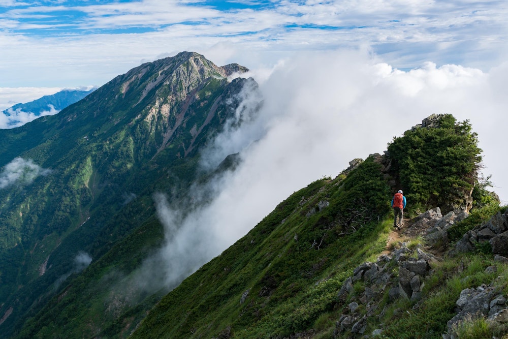 <p>鹿島槍ヶ岳に向かう道中、五竜岳を振り返る。北側から見るよりも穏やかな山容をしている。<br>しかし、その難所はこちら南側にある。</p>
