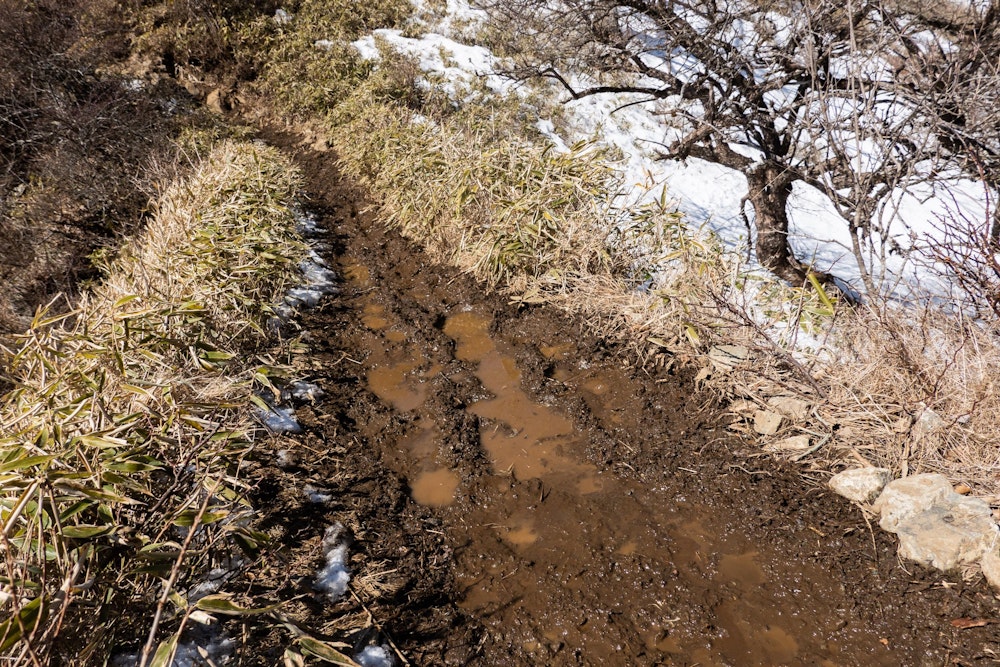 <p>一方で足元は、雪解けによるぬかるみがひどく、スムーズな歩行を妨げられ、通過に難儀した。<br>走るどころではなく、今回はトレイルランニングではなく歩く旅としようと気持ちも切り替わっていった。</p>
