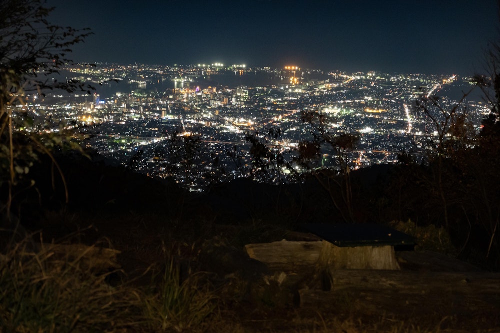 <p>すっかり日が落ちたあと、竜爪山文殊岳に登頂。<br>静岡市清水区の夜景を眺めながら、ここで幕営する。</p>