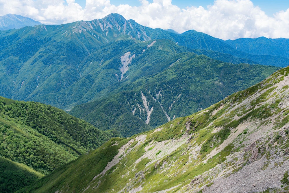 <p>農鳥岳から望む塩見岳。</p>