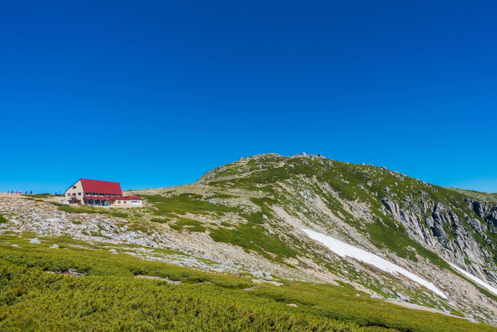 <p>天狗荘。<br>青い空と緑の山肌に、赤い屋根がよく似合う。</p>