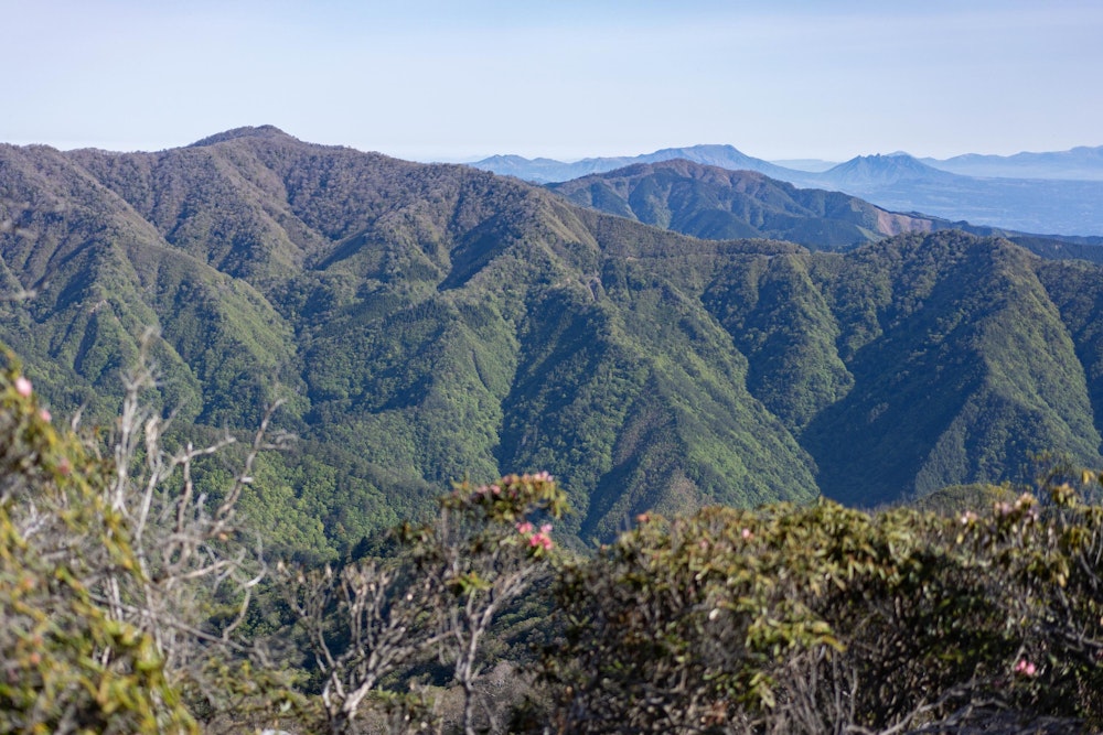 <p>左手前の山は国見岳だろう。<br>右奥には阿蘇山が見える。<br>根子岳の複雑な形状のシルエットがよく目立つ。</p>