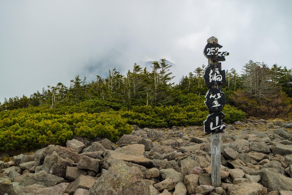 <p>編笠山。向こうに見えるはずの山々は見えない。<br>今日の天気はこんな感じになることはわかっていて、明日に期待している。</p>