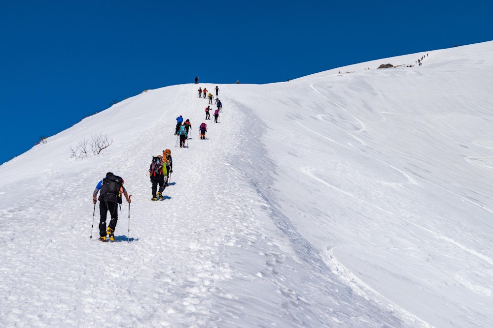 <p>上部は樹林が雪に埋もれ、のっぺりとした雪の斜面をひたすら登っていく。<br>山が雪を被っていると距離感がわからず、見えている山頂がいっこうに近づかないが、登山道に連なっている人影を見て、その距離が意外と長いことを認識する。</p>