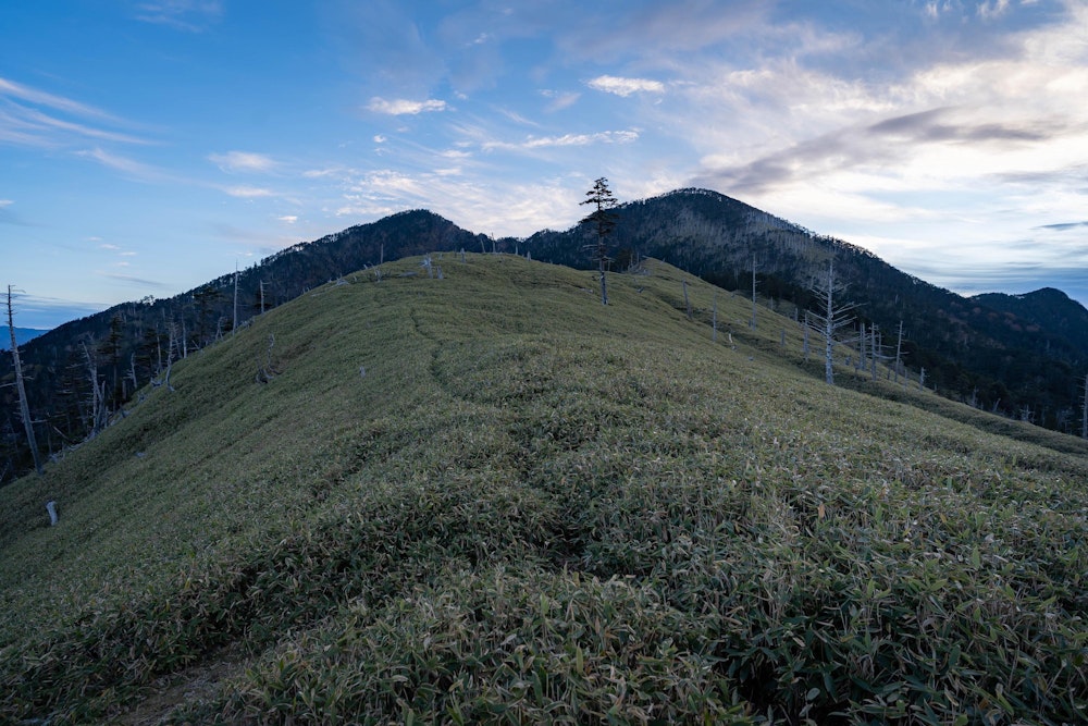 <p>三日目。今日も好天に恵まれた。<br>昨日歩いた池口岳を背に、犬切尾根を進む。</p>