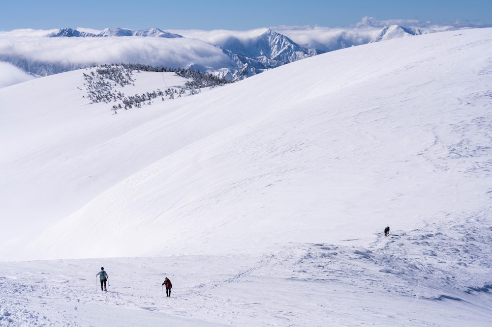 <p>無雪期は木道が敷かれていて一本の道ができているが、冬はこの広い斜面のどこを歩いてもいいわけだから気持ちがいい。</p>