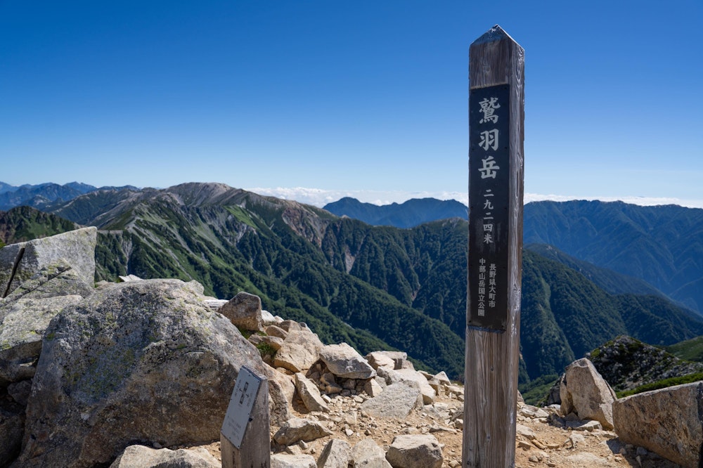 <p>三俣山荘からの急登を頑張って、鷲羽岳の頂上に到達。<br>延々と続く手強い登りだったが、鷲羽岳頂上からの景色は圧巻。</p>