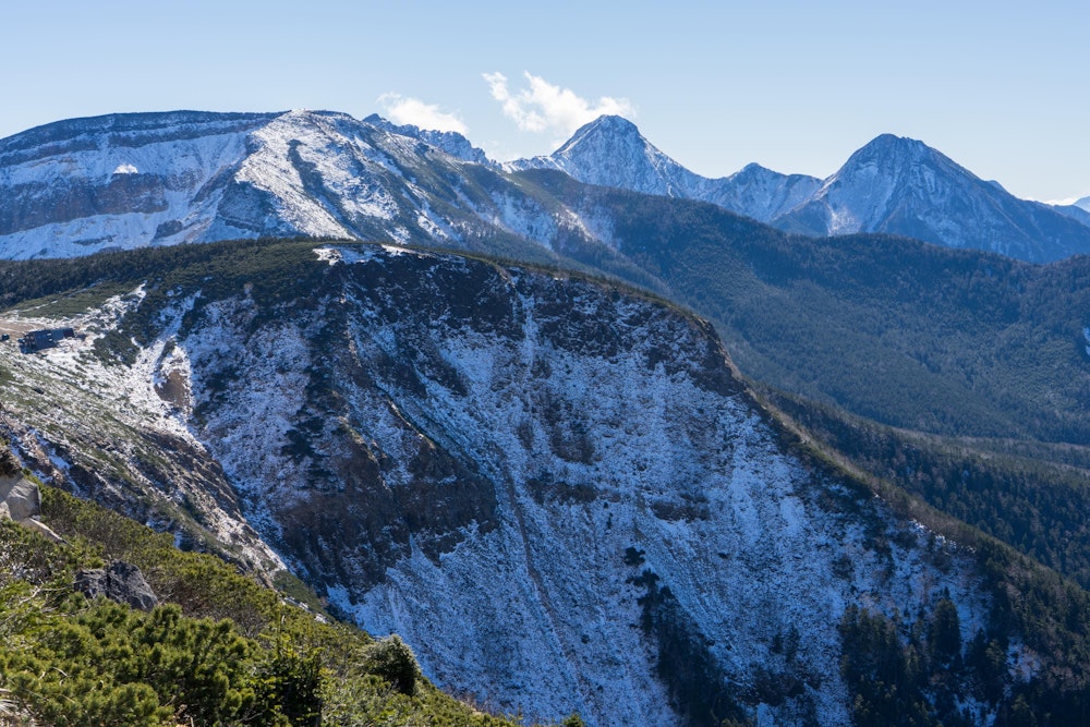 <p>南八ヶ岳の風景。あちら側の雪はしっかり。もう雪山と言っていいだろう。</p>