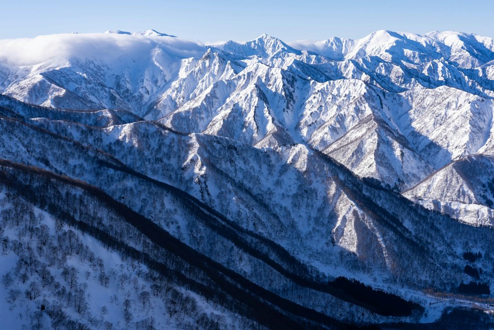 <p>幾重にも重なる越後山脈の山々。<br>アルプスのような鋭い山容は、この地域の厳しい気象条件を物語る。</p>