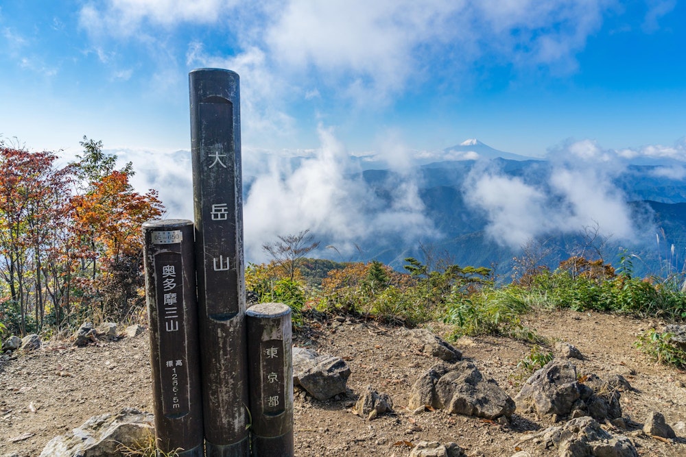<p>大岳山頂上。遠くには雪を被った富士山が見える。</p>