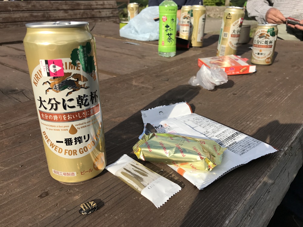 <p>テントを張るまでに、時間に余裕があったので法華院温泉で汗を流し、小屋の外で地元のおじさん達と乾杯する。<br>一期一会。素敵な時間を過ごした。</p>