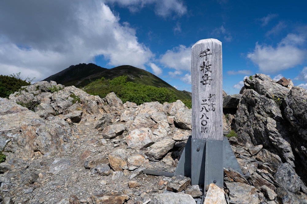 <p>千枚岳。ここから先は森林限界の下に入り、長い樹林帯を歩き下りていく。<br>主稜線の山々もここで見納めだ。</p>