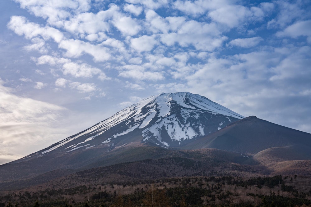<p>下山して、水ヶ塚から見上げた山頂。夕空に残雪の富士が映える。<br>春が深まり富士山の雪は少なくなってきた。</p>