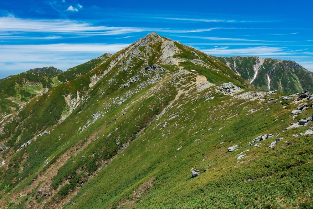 <p>宝剣岳手前のピークを振り返る。</p>