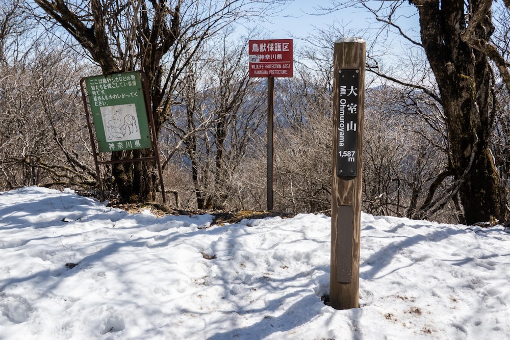 <p>大室山の頂上。広場になっており、雪がよく残っていた。<br>畦ヶ丸から歩いてきて疲れたので、ここで小休止とする。<br></p>