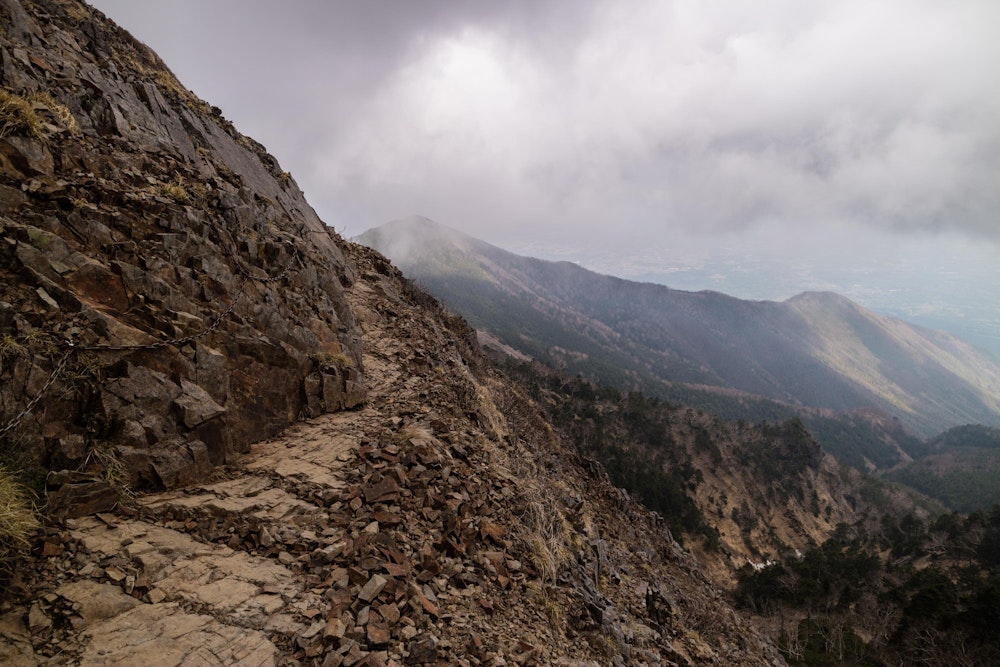 <p>権現岳の直下の登りは、これまでとは雰囲気が変わって岩稜帯。</p>