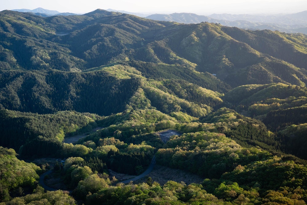 <p>同じ道を辿って戻り、見下し岩から見納めの景色。夕日に浮かぶ山々の陰影が美しい。<br>夕方だったので、ほとんど人にも出会わず静かな春の山歩を楽しむことができた。</p>