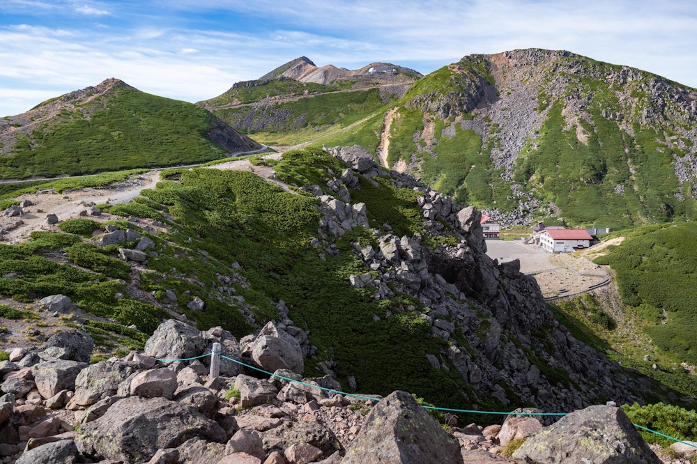 <p>遠くに剣ヶ峰が見える。畳平の標高は 2700m を超えているので油断していたが、剣ヶ峰までは思っていたよりもしっかり登っていく道のりだ。</p>