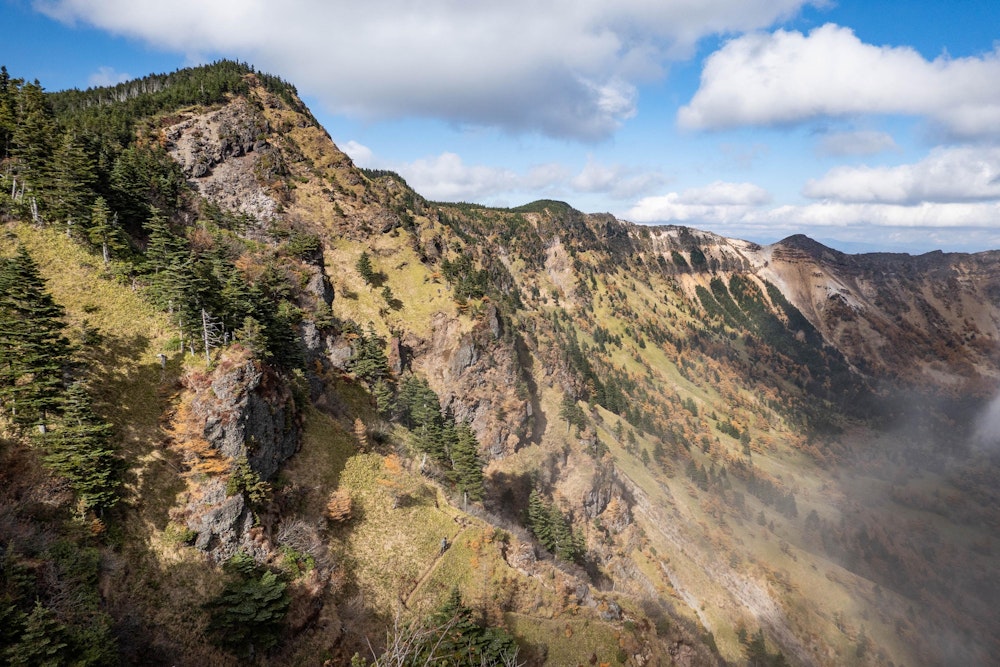 <p>黒斑山方面は、外輪山に沿って歩くことができるが、こうしてみるとアップダウンの激しい急峻な地形になっている。</p>