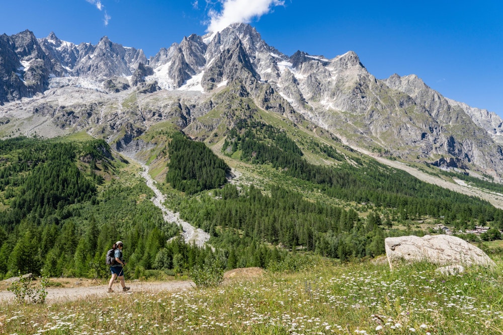 <p>写真中央の、雲が頂上部分にかかった山がモンブランと連なるグランドジョラス。<br>4,000m 級の山々が、屏風のように視界を埋め尽くす。<br>日本でいう、北アルプスの穂高岳・槍ヶ岳の連なりを眺めながら常念山脈を歩くような感じ。<br>あれを大幅にスケールアップさせたような風景が広がる。</p>