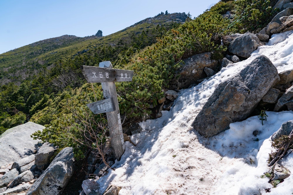 <p>金峰山の頂上直下は、まだ残雪があった。<br>標高 2600m 近いというだけある。</p>