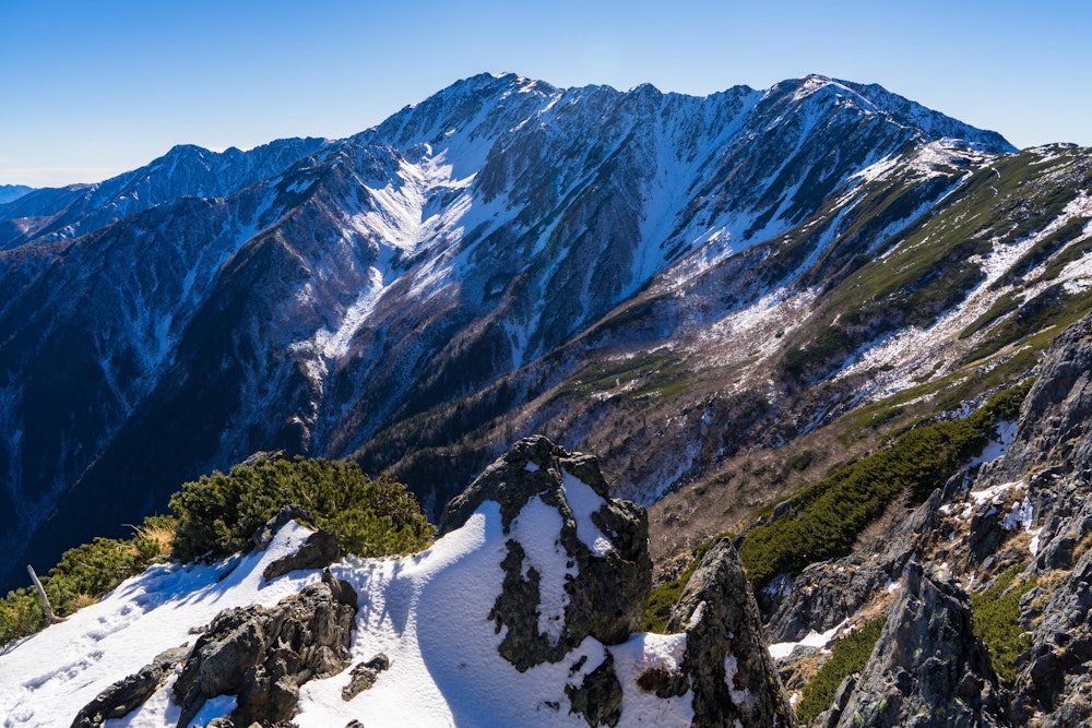 <p>上部はすっかり雪に覆われている。間ノ岳が見えた。<br>南アルプスは春に聖岳に撤退して以来だが、山がとにかく大きいと感じる。</p>