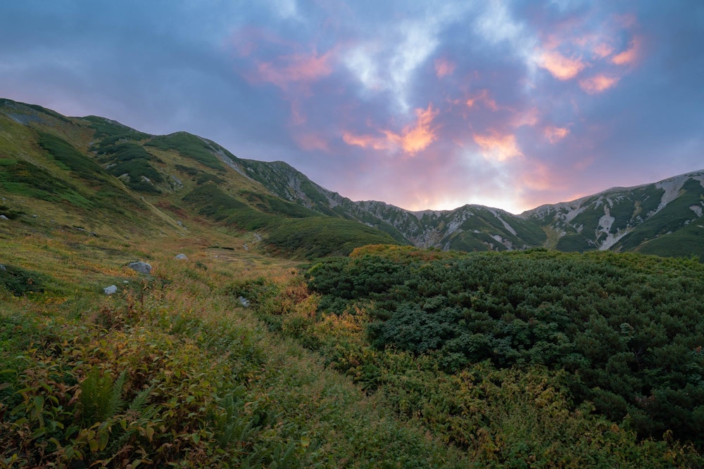 <p>翌朝、雲が多い天気ながらも、別山乗越までは歩くことにした。控えめな朝焼けが見えたあとは、稜線まで霧がかかってしまった。</p>