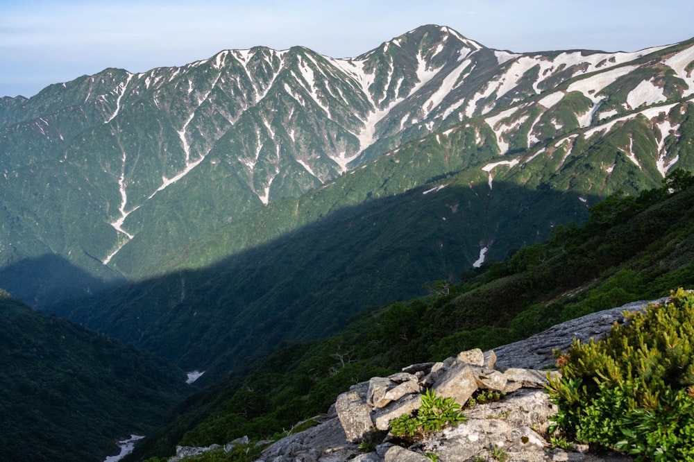 <p>残雪の大日岳を右手に眺めながら下山していく。</p>
