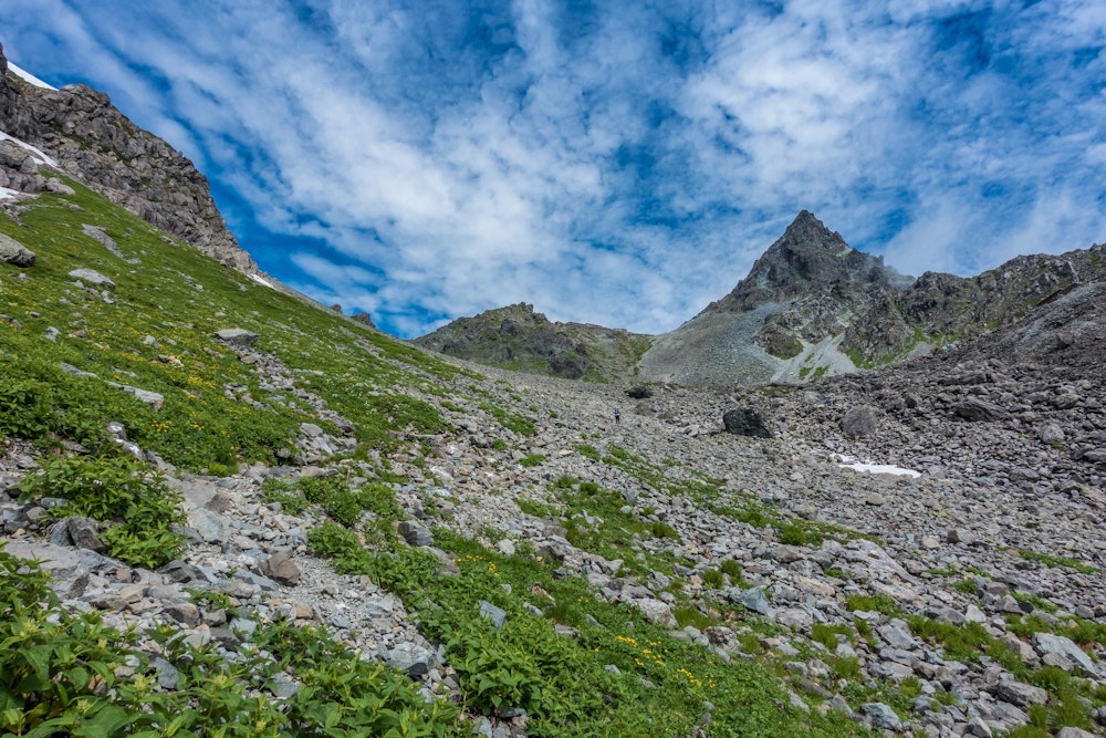 <p>槍沢を下っていく。振り返ると槍が見える。今日はいい天気だ。</p>