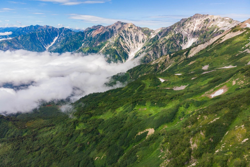 <p>白馬岳から遠く鹿島槍ヶ岳まで、後立山連峰の大パノラマ。</p>