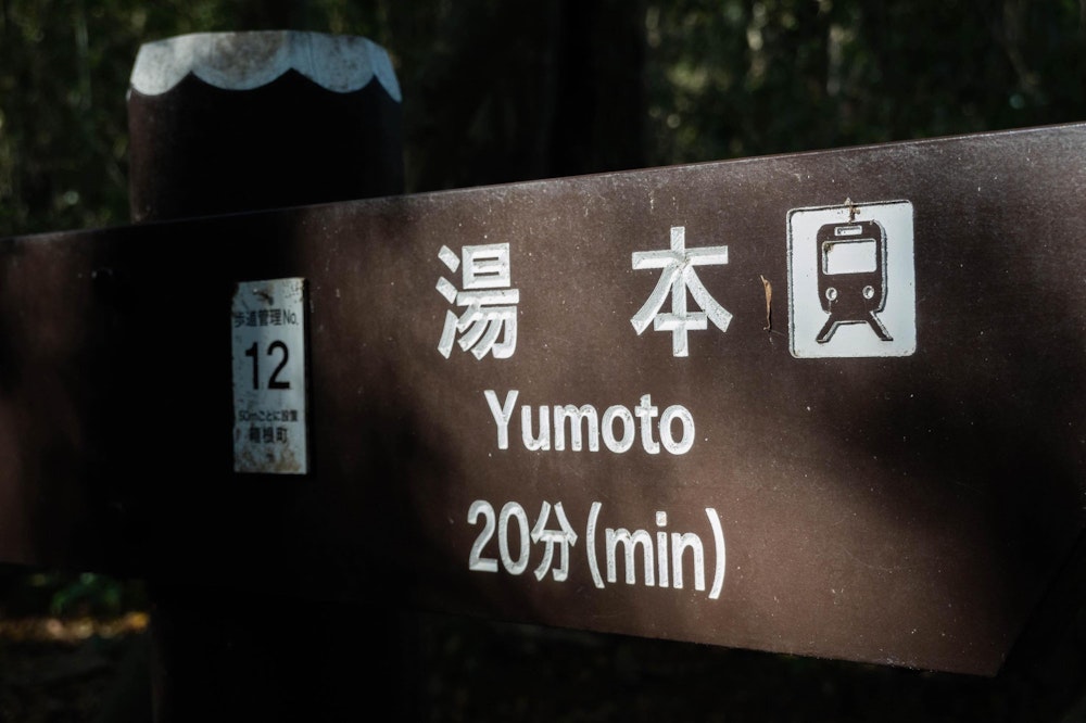 <p>湯本へ降りる。脅威の標高 99m。なお、このあと標高 1,169m の明神ヶ岳に登る。</p>