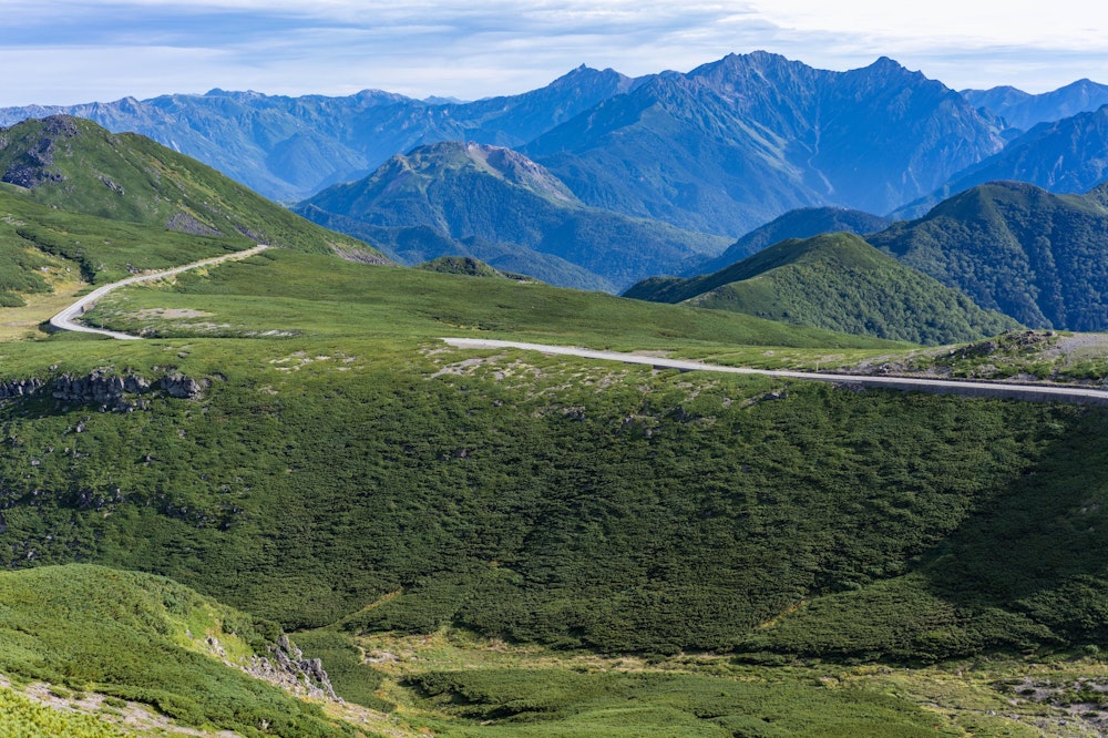 <p>乗鞍スカイラインの道路と、奥には穂高連峰が見える。雄大な北アルプスの南端に、乗鞍岳はある。</p>