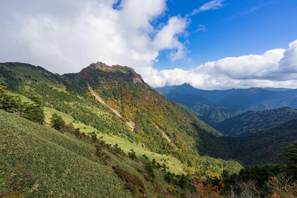 <p>ニノ森から戻りながら眺めた弥山。<br>山頂一帯付近だけ紅葉しているのがわかる。</p>